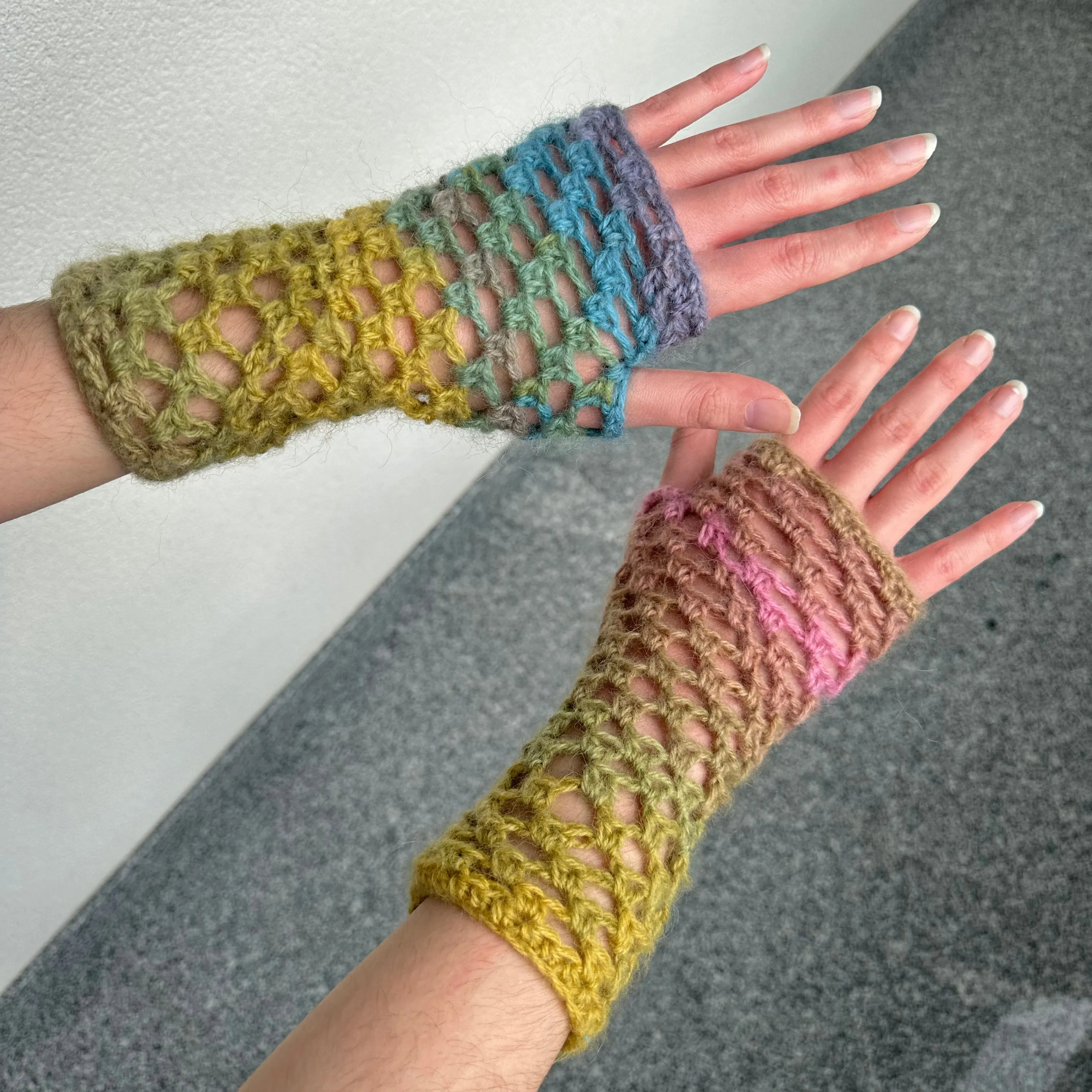 Handmade dusky rainbow crochet fishnet hand warmers