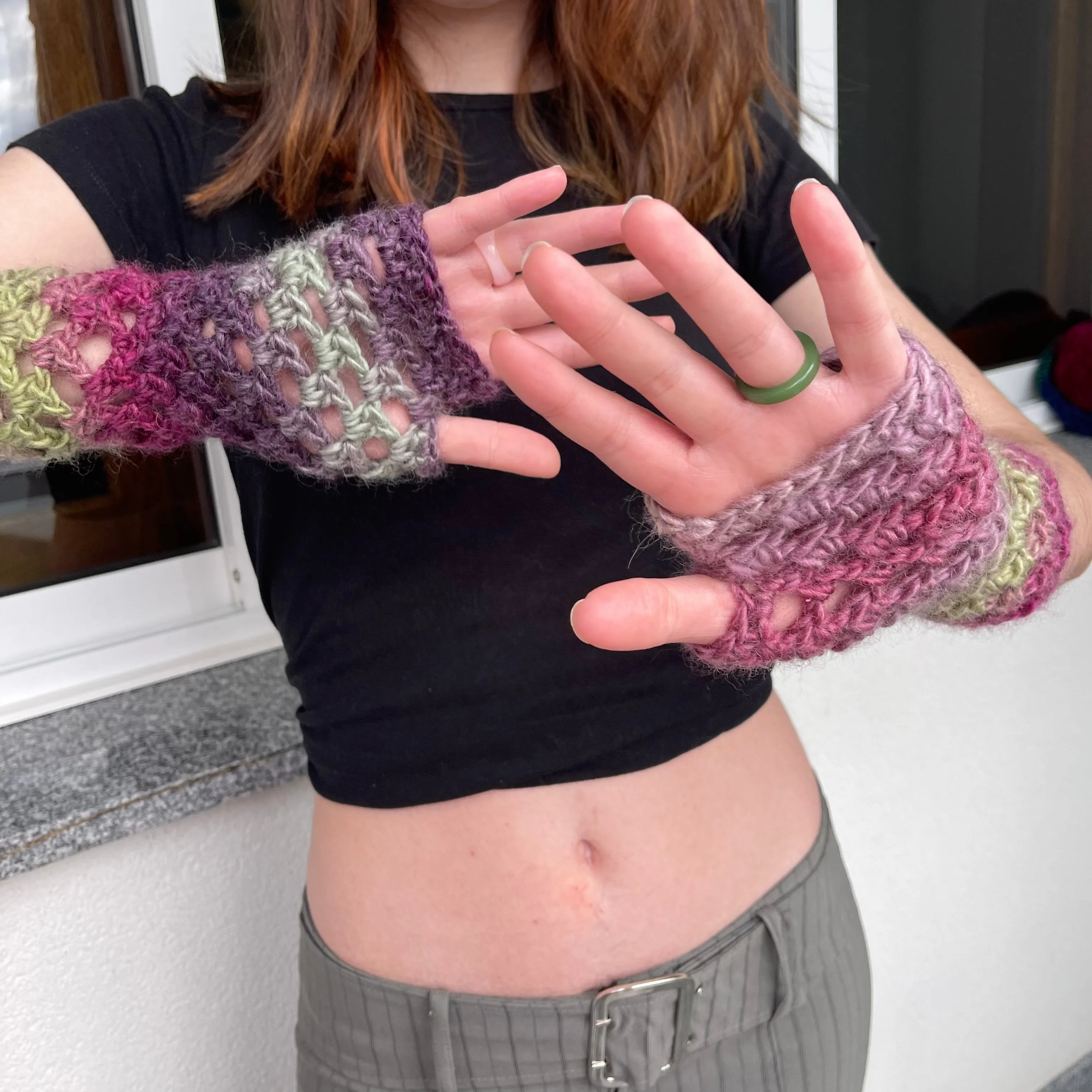 Handmade ombré green and purple crochet fishnet hand warmers