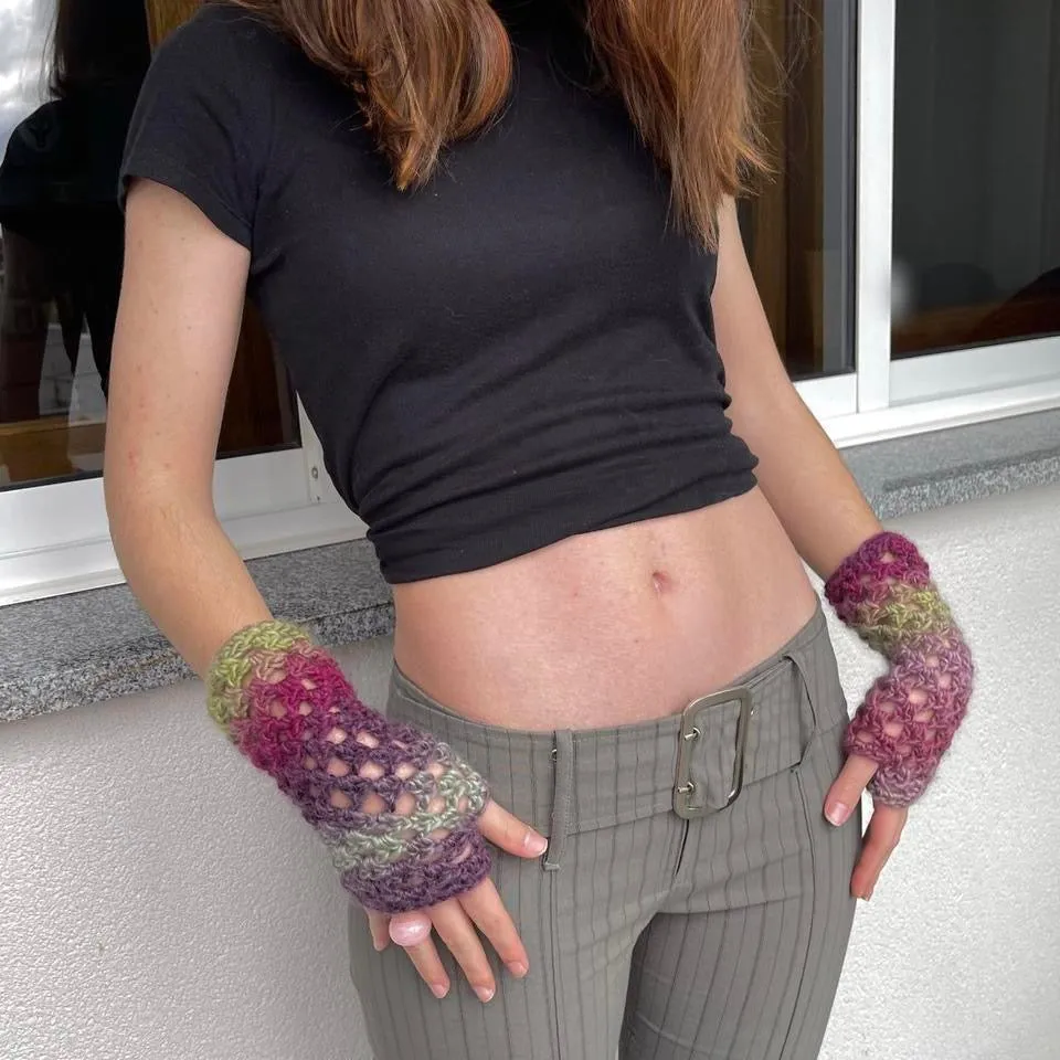 Handmade ombré green and purple crochet fishnet hand warmers