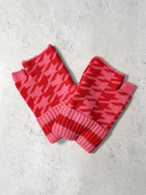 Houndstooth Fingerless Mittens, Red/Pink