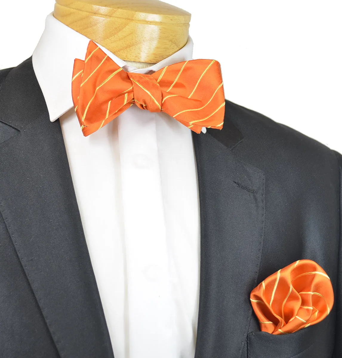 Jaffa Orange and Gold Striped Silk Bow Tie Set