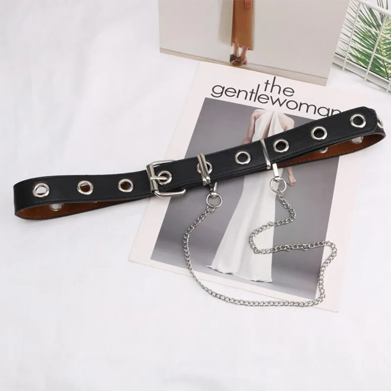 Leather Belts Women Black Fashion Gothic Metal Chain High Waist Belts