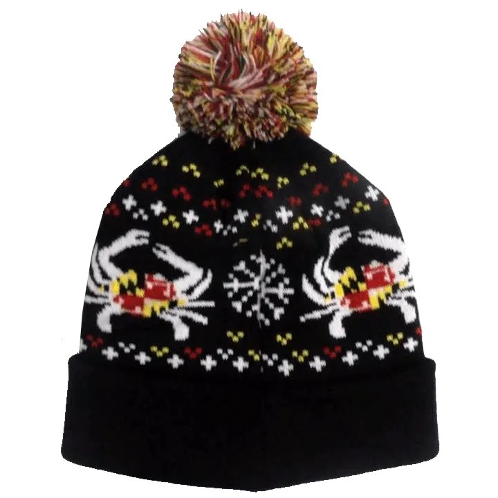 Maryland Flag Crab & Snowflake (Black) / Knit Beanie Cap w/ Pom-Pom