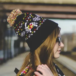 Maryland Flag Crab & Snowflake (Black) / Knit Beanie Cap w/ Pom-Pom