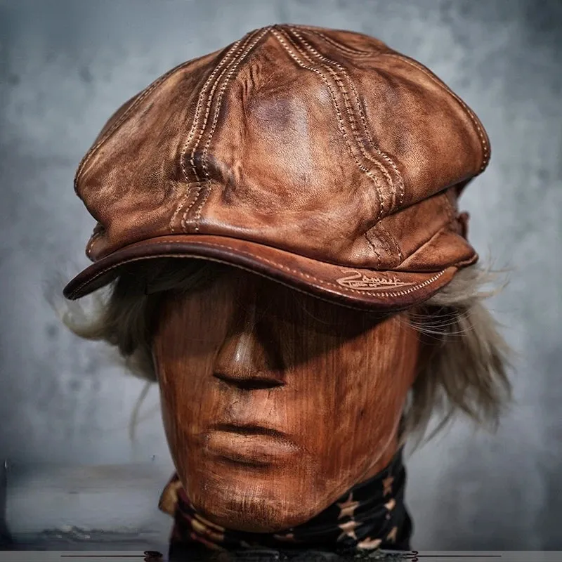 Men's Leather Brown French Vintage Beret - Octagonal Hat