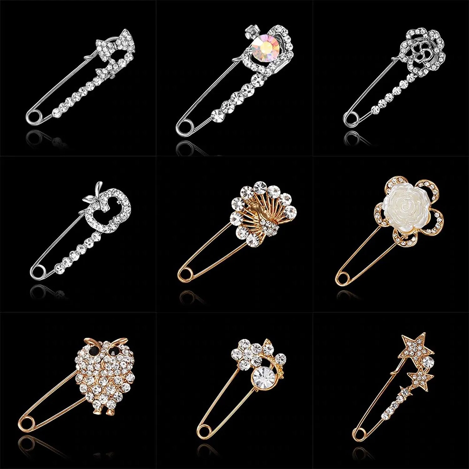 Mixed Style Rhinestone Safety Pin Brooches