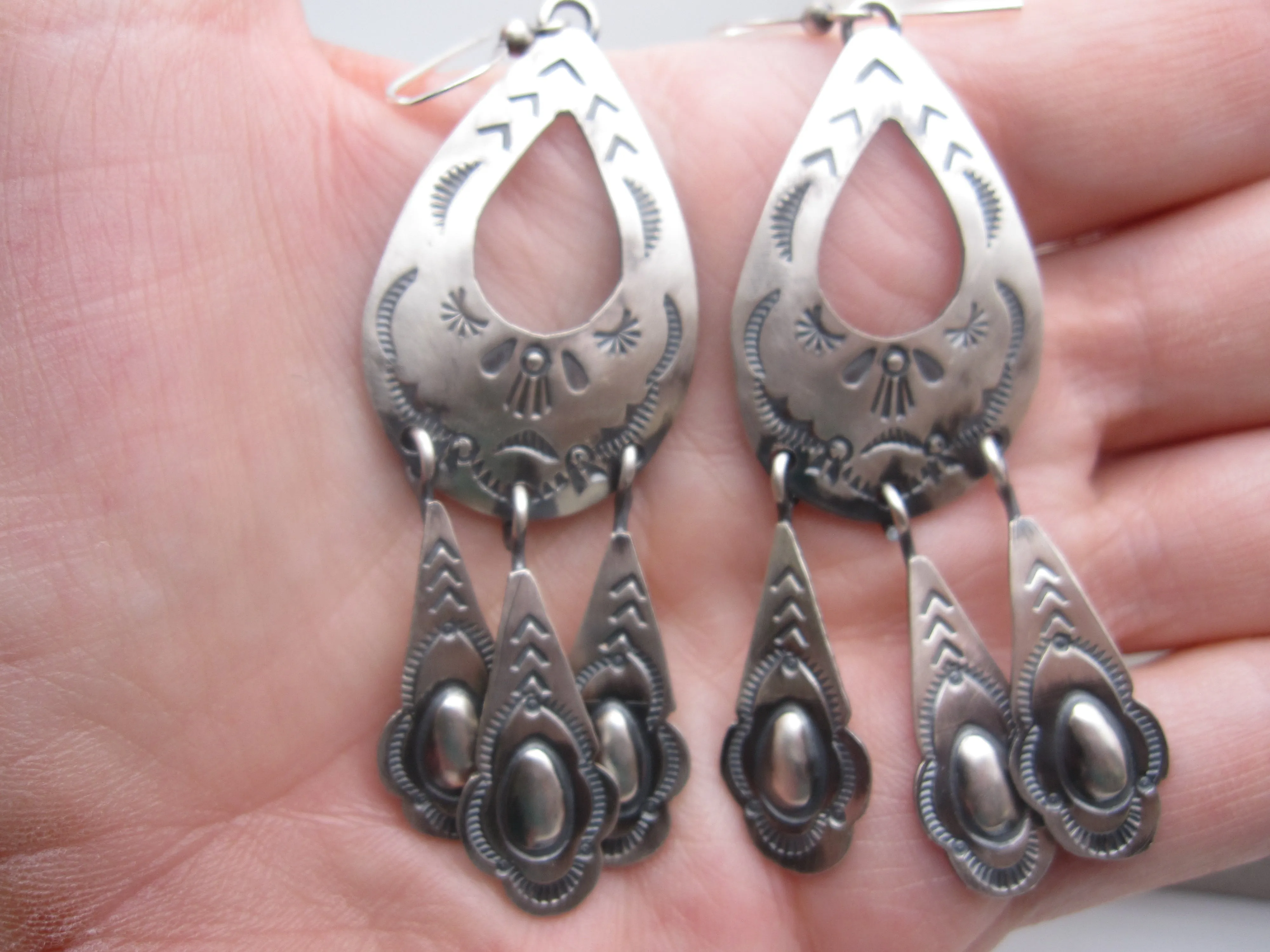 Native American Made Hand Stamped Sterling Silver Dangle Earrings with Repousse or Bump Out Details