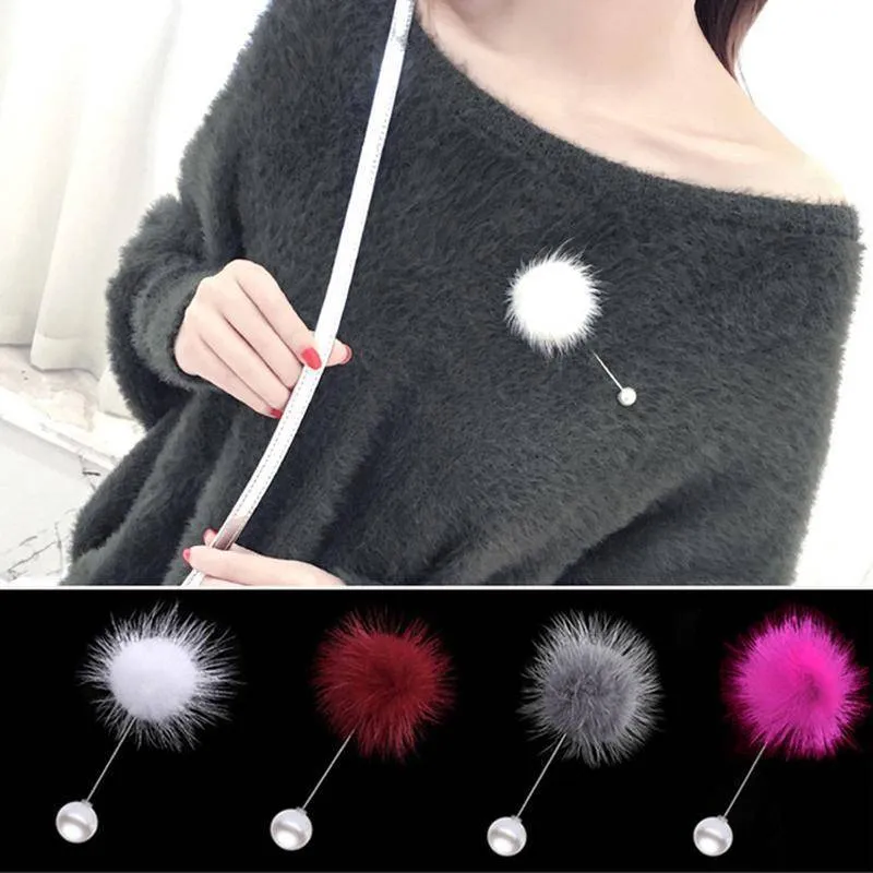 new cute Charm Simulated Pearl Brooch Pins For Women Korean Fur pompom Ball Piercing Lapel Brooches Collar Jewelry Gift