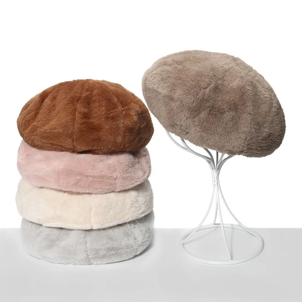 NEWBLOM Painter Hat Winter Wool Bud Hat Pure Color Faux Rabbit Fur Plush Beret