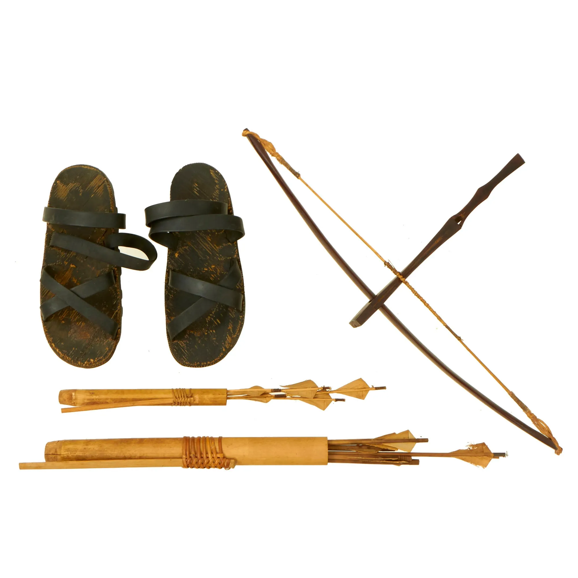 Original U.S. Vietnam War Montagnard Crossbow with Numerous Bolts In Quivers With “Ho Chi Minh” Sandals - Sent Home By Major Robert Cooper, 44th Medical Brigade