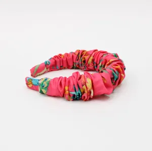 Peacock Printed Coral Pink Pleated Hair Band