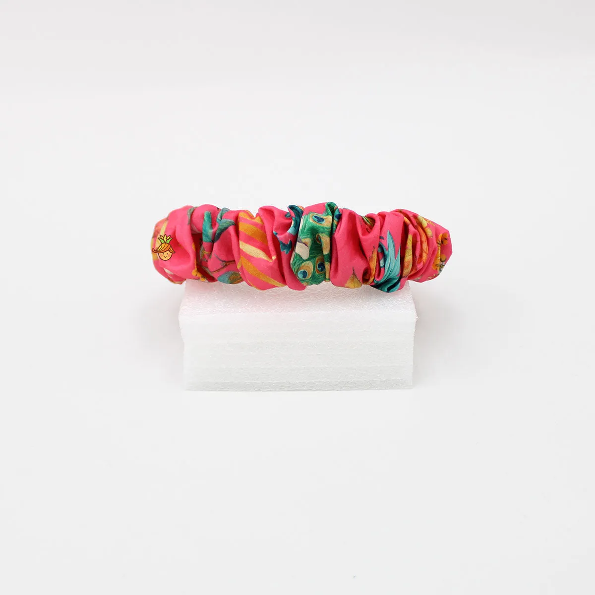 Peacock Printed Coral Pink Pleated Hair Band