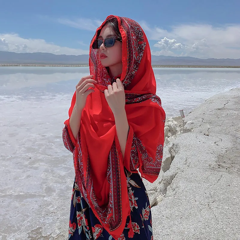 Red Ethnic Style Sunscreen Shawl Women's Summer Thin Style Wrapped with Silk Scarves, Beach Scarves