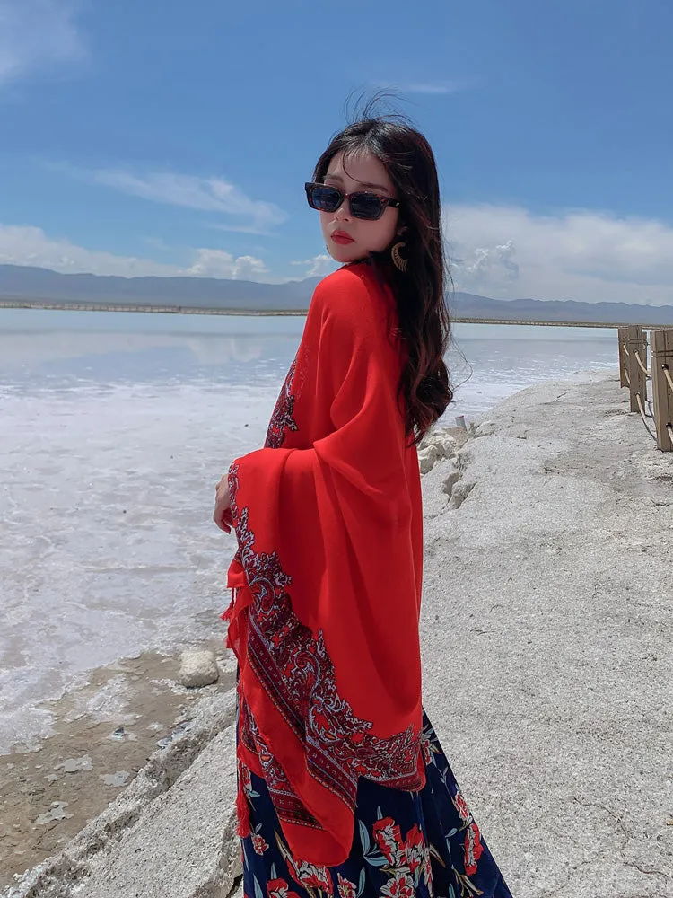 Red Ethnic Style Sunscreen Shawl Women's Summer Thin Style Wrapped with Silk Scarves, Beach Scarves