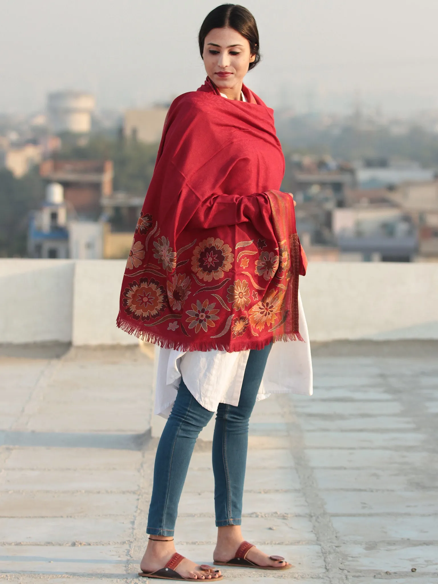 Red Needle Point Embroidered Woollen Kashmiri Shawl - S200517