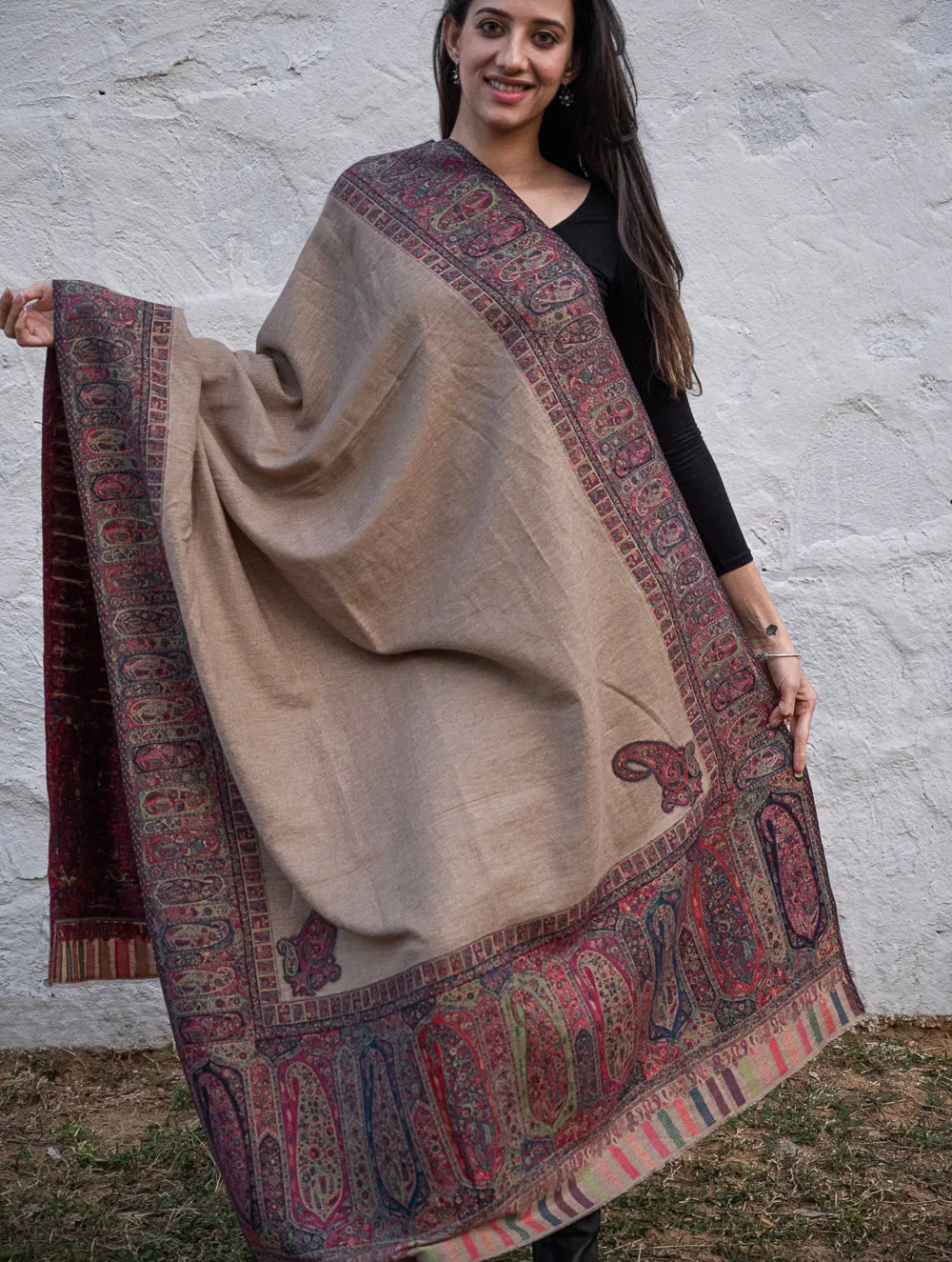 Regal Statement. Exclusive Soft Jamavar Design Kashmiri Shawl - Royal Beige