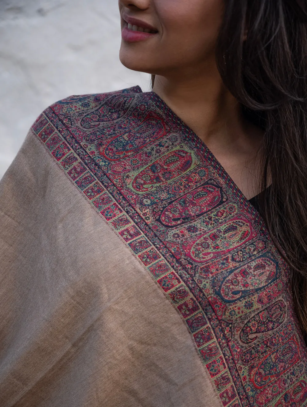 Regal Statement. Exclusive Soft Jamavar Design Kashmiri Shawl - Royal Beige