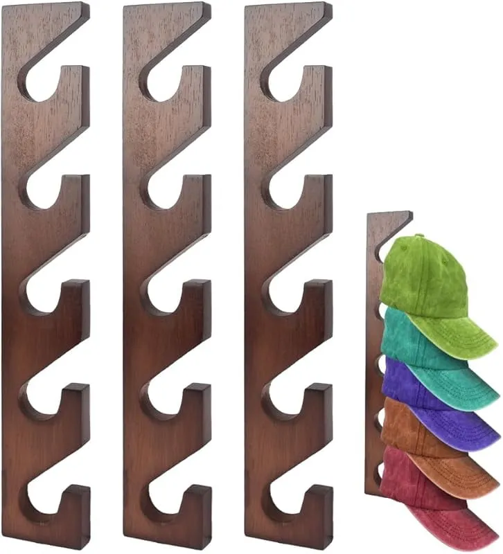 relaxed 3 Pcs Hat Rack for Baseball Caps, Wall Mounted Wooden Hat Storage Organizer Hanger, Wall Vertical Hat Holder Caps Display Rack for Closet Door Bedroom Living Room Entryroom Laundry (Brown Wood)