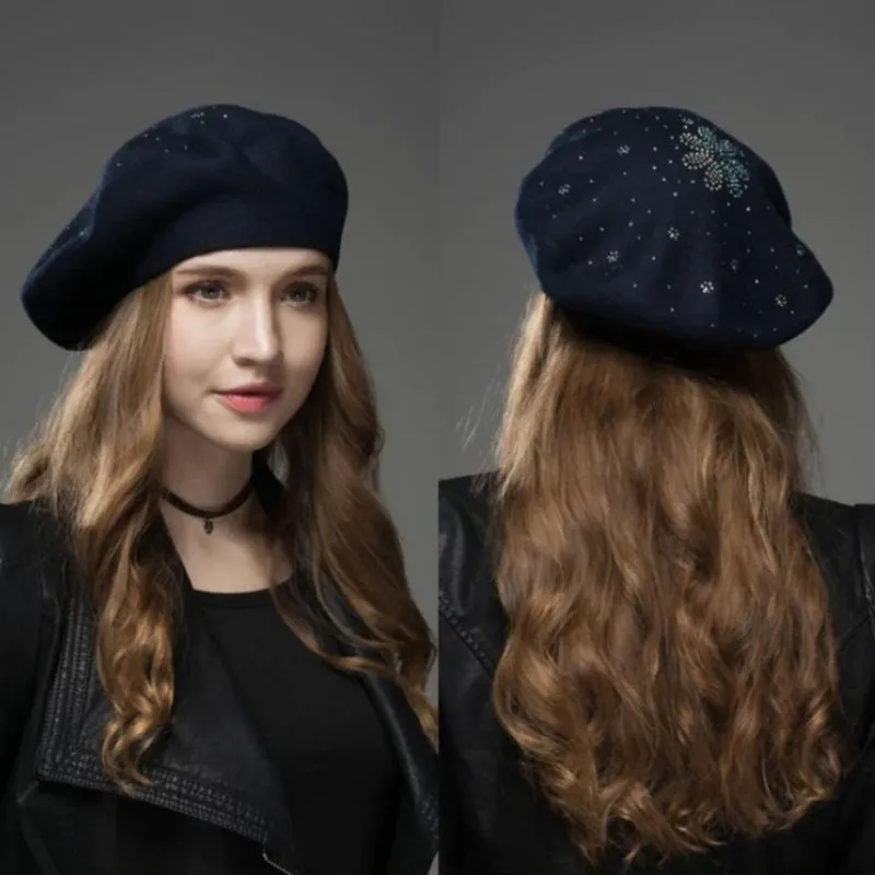 Rhinestone Flower Decor Winter Fashion Knitted Beret Hats