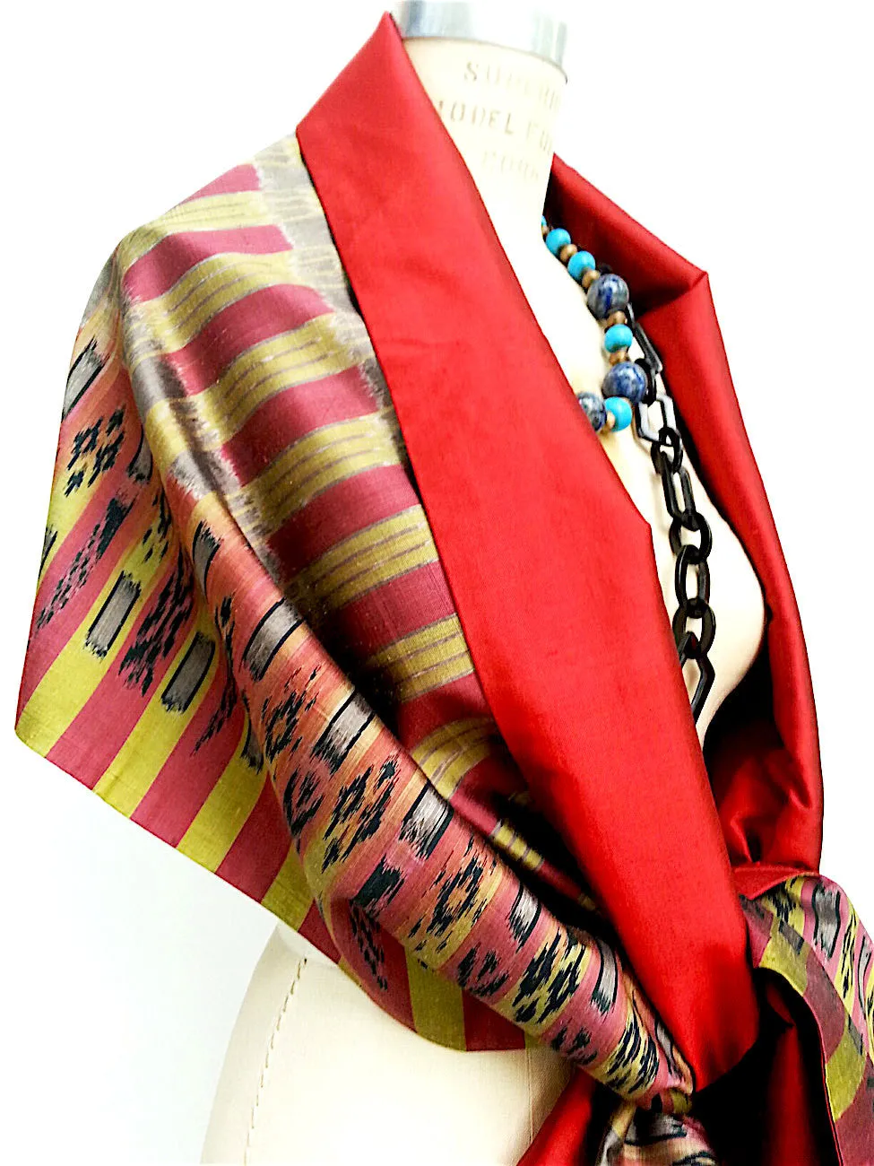 Silk Ikat Double Side Shawl Red Gold Bars