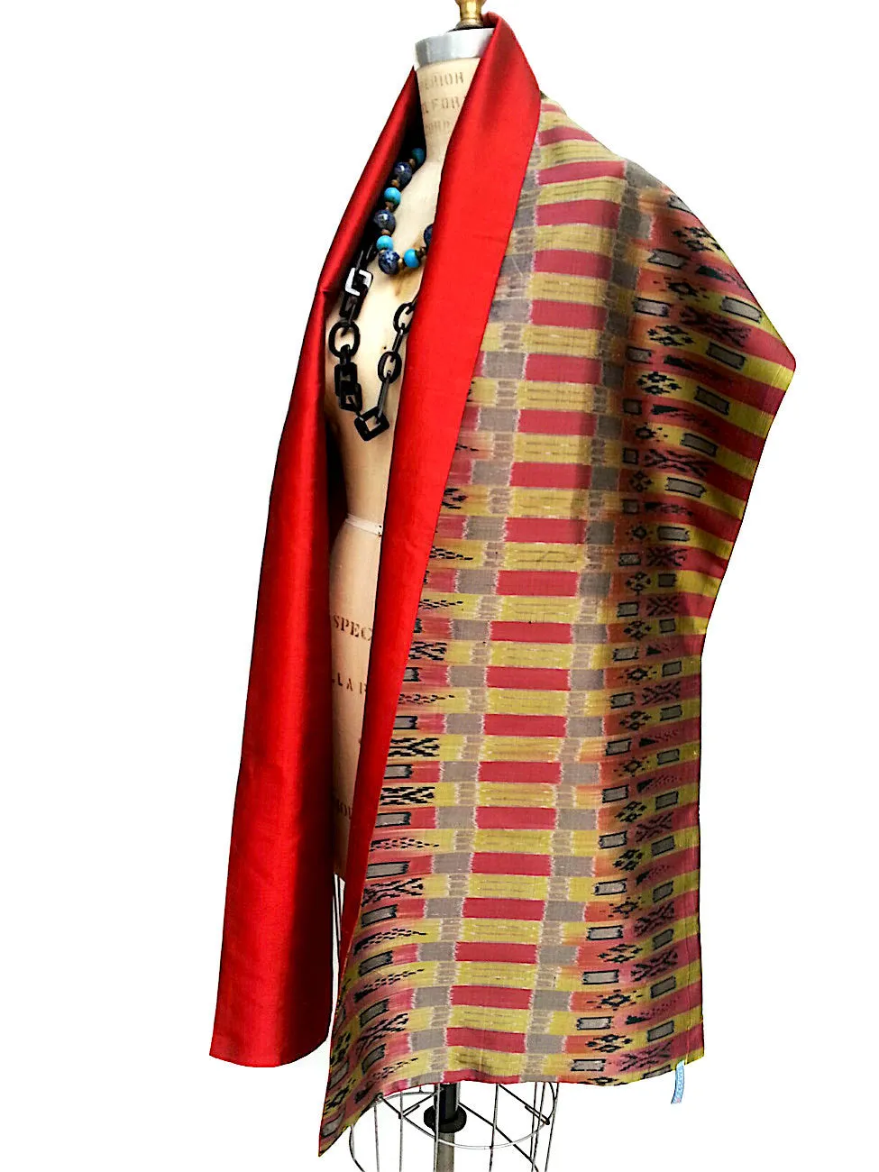 Silk Ikat Double Side Shawl Red Gold Bars