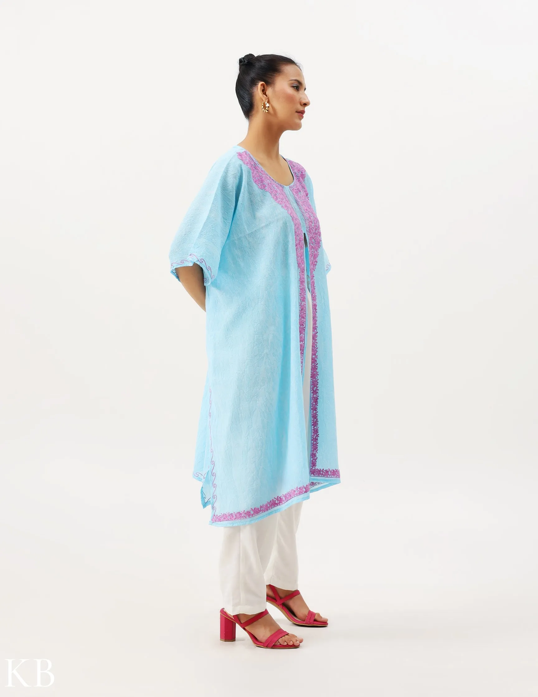 Summer Soft Blue Aari Embellished Cotton Kaftan