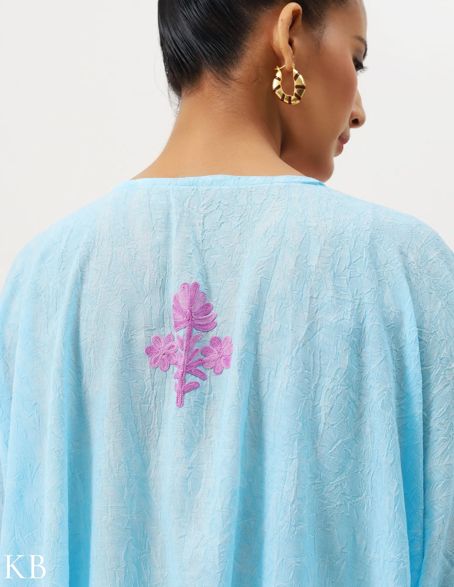 Summer Soft Blue Aari Embellished Cotton Kaftan