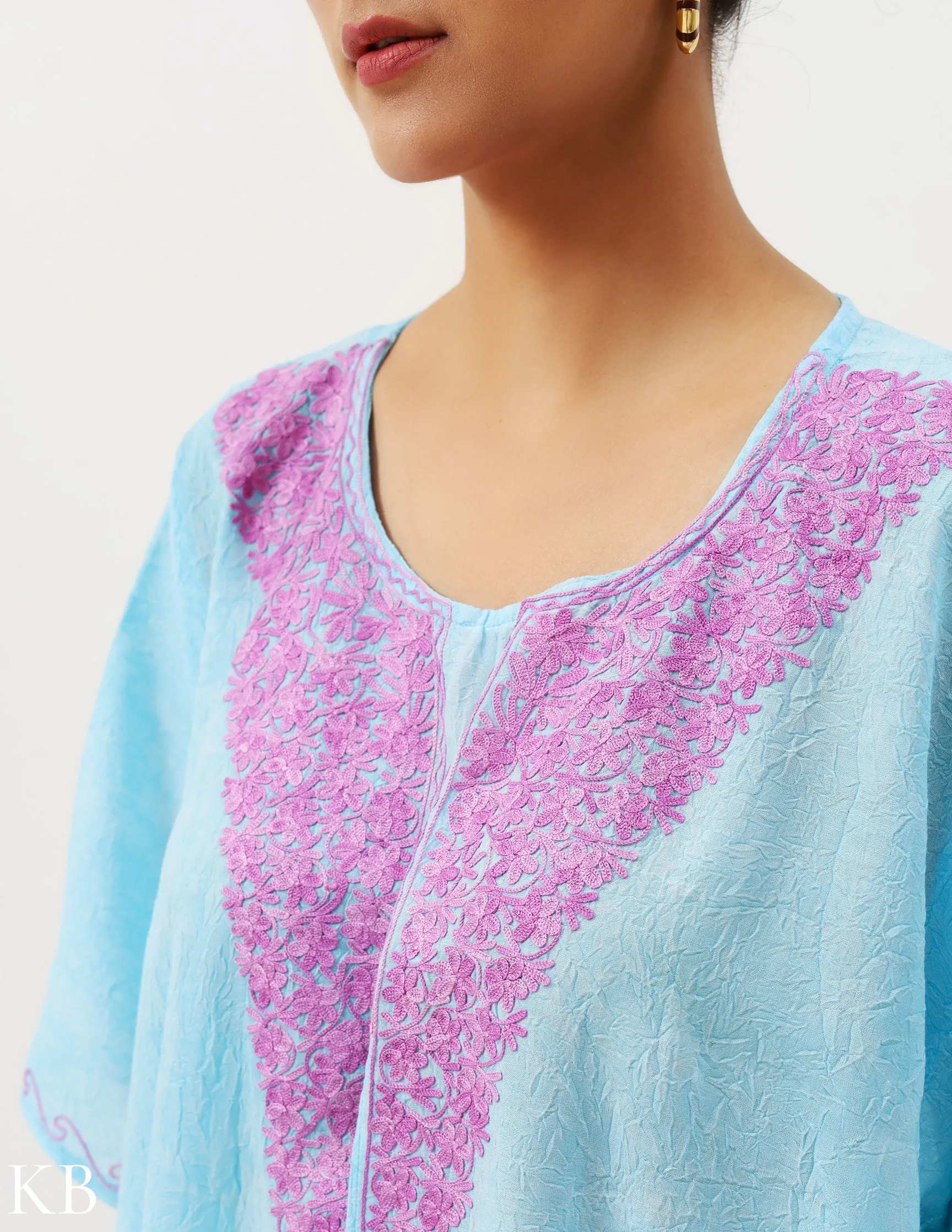 Summer Soft Blue Aari Embellished Cotton Kaftan