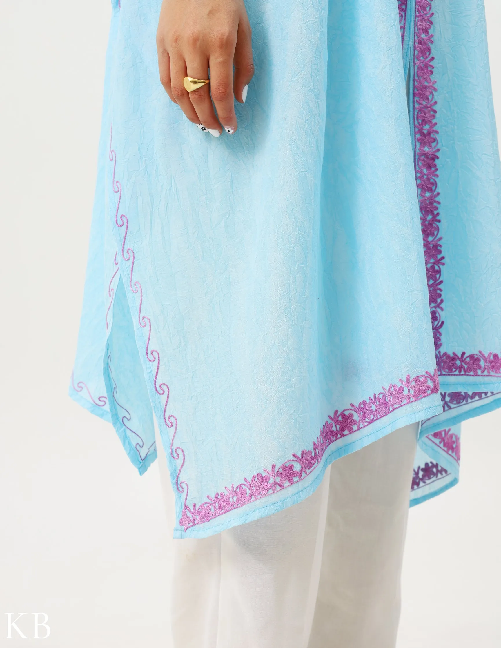 Summer Soft Blue Aari Embellished Cotton Kaftan