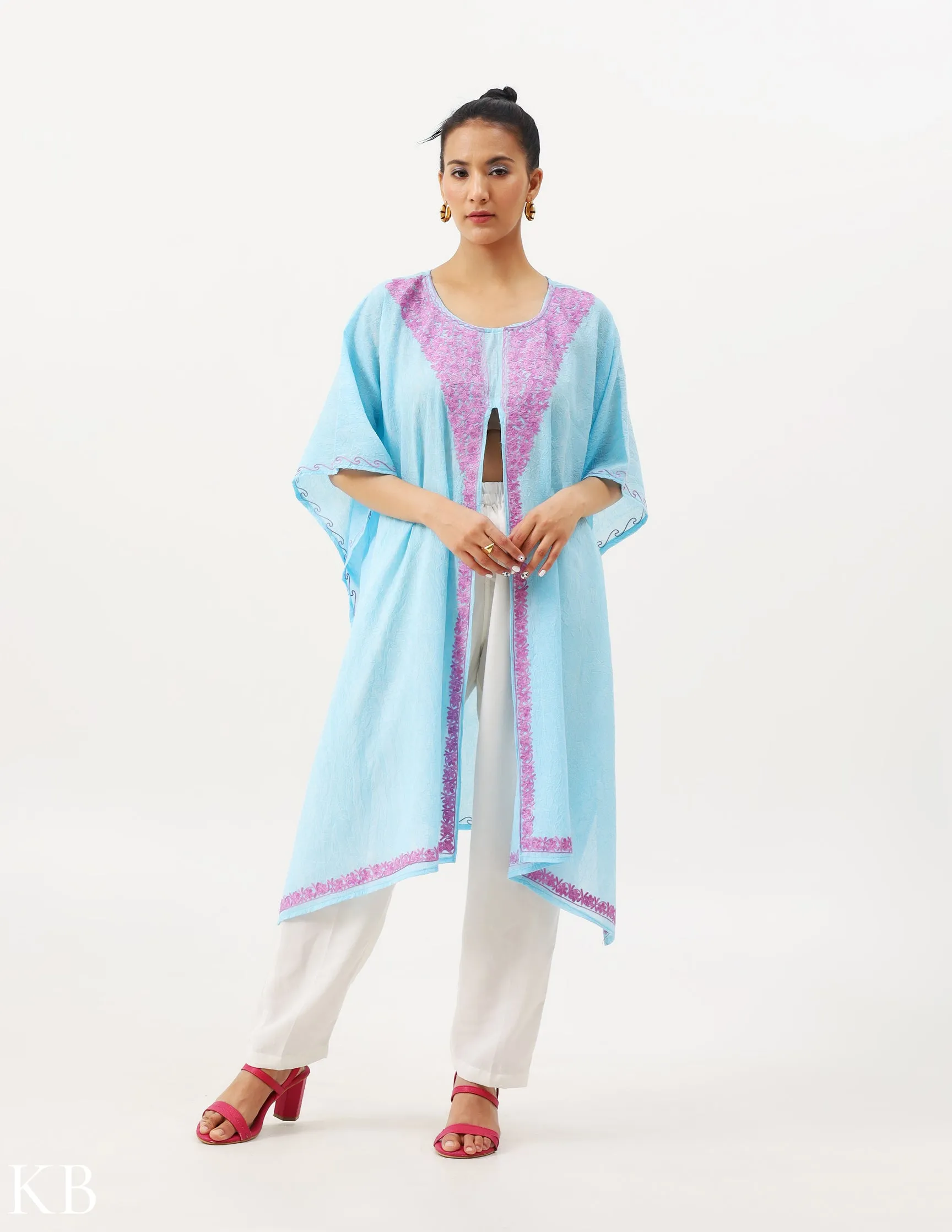 Summer Soft Blue Aari Embellished Cotton Kaftan