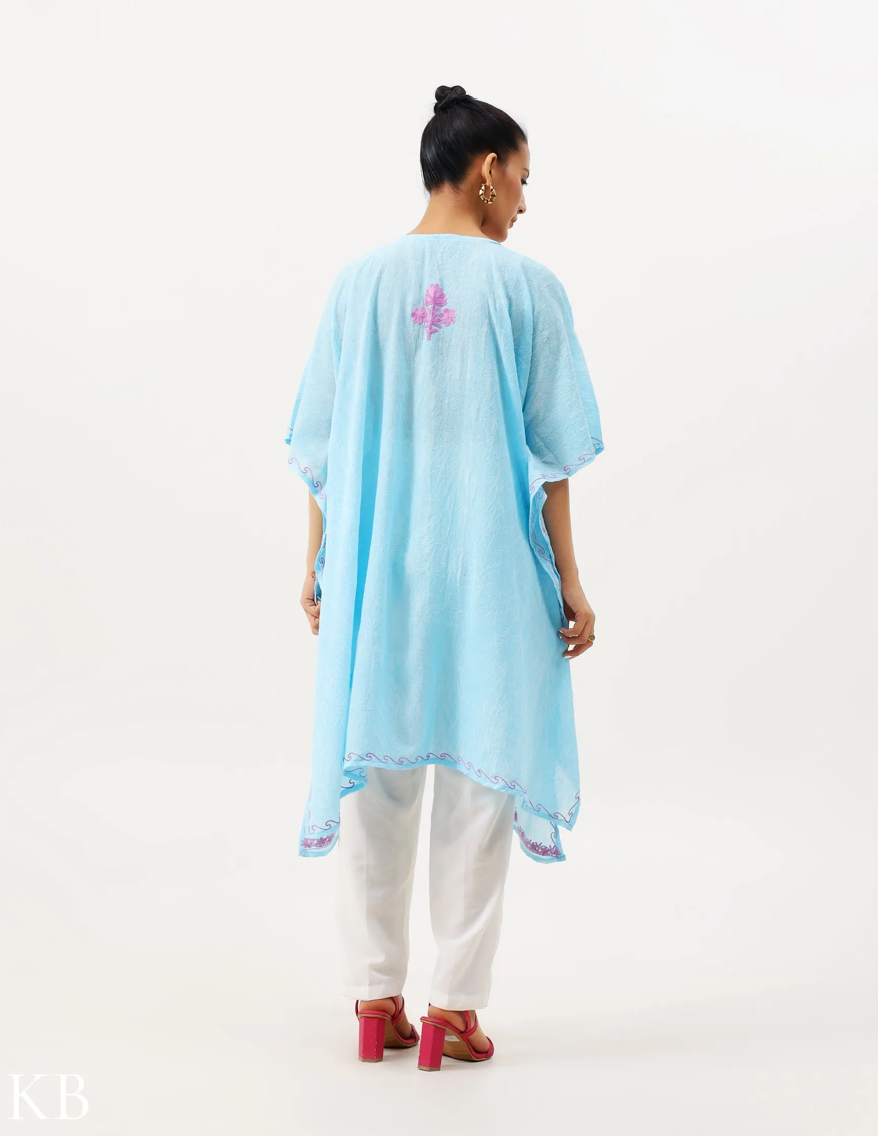 Summer Soft Blue Aari Embellished Cotton Kaftan