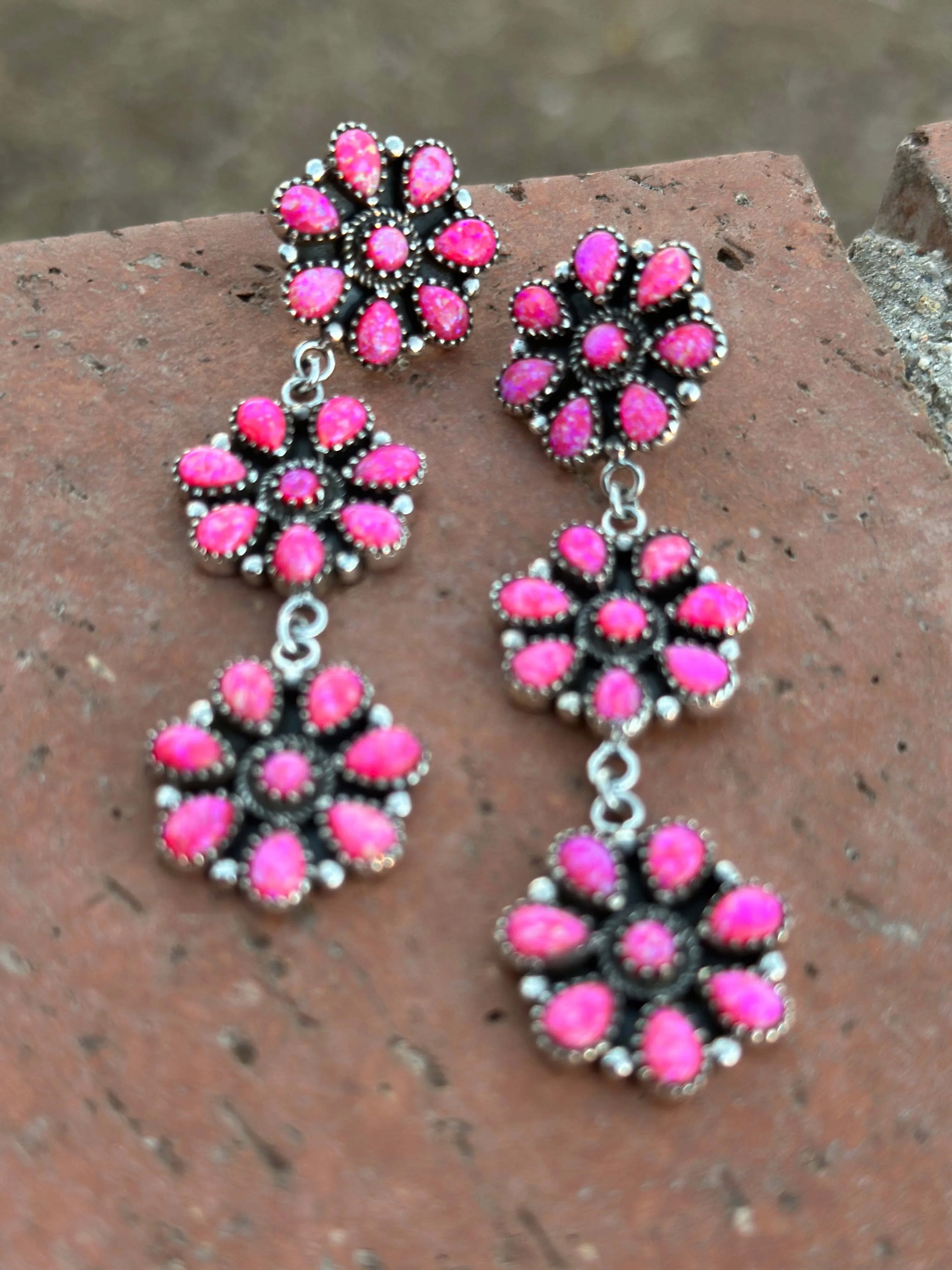 “The Barbie Collection” Handmade Pink Opal & Sterling Silver Cluster Flower Dangle Earrings