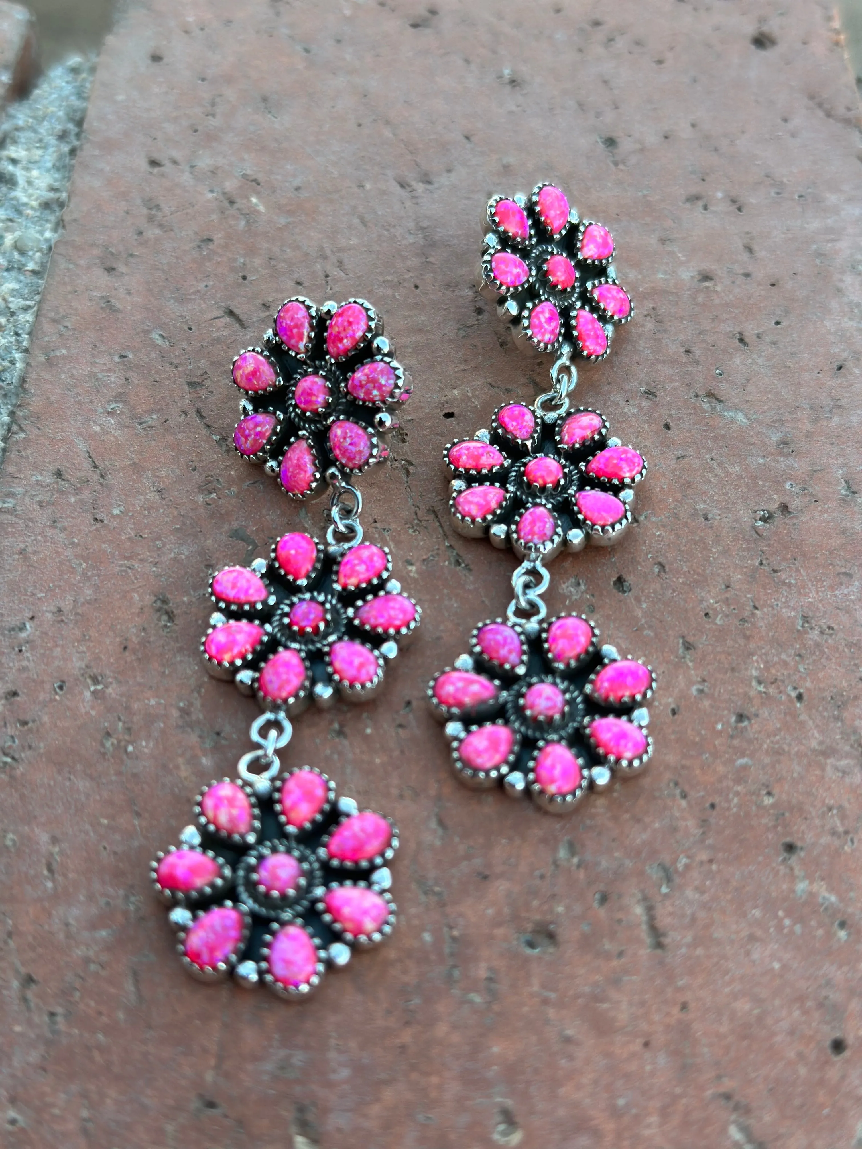 “The Barbie Collection” Handmade Pink Opal & Sterling Silver Cluster Flower Dangle Earrings