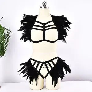 Victorian Cosplay Goth Feather Body Harness and Brief SET - Black (Style 10)