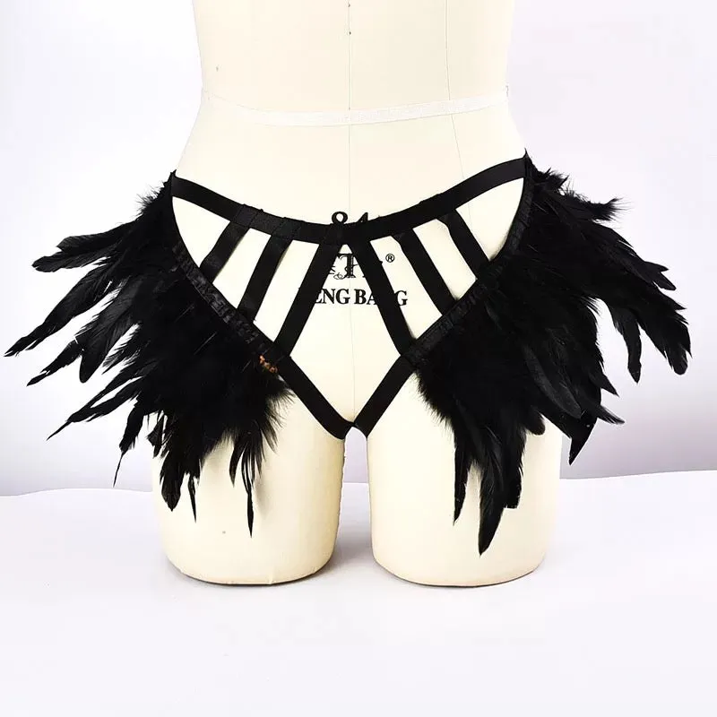 Victorian Cosplay Goth Feather Body Harness and Brief SET - Black (Style 10)