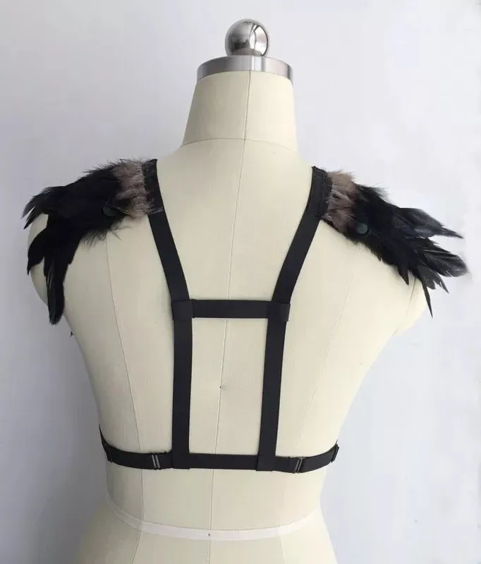 Victorian Cosplay Goth Feather Body Harness - Black (Style 3)