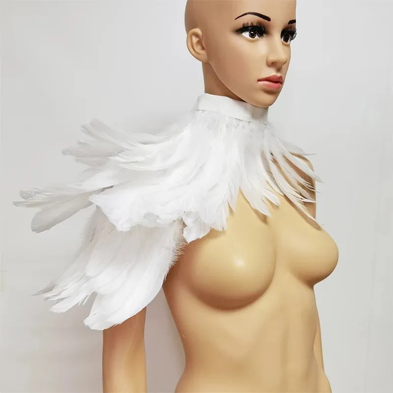 Victorian Cosplay Goth Feather One Shoulder Shrug Shawl - White