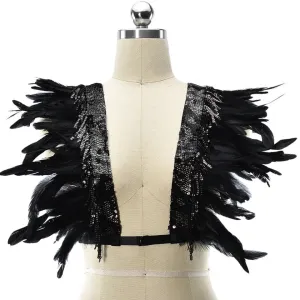 Victorian Cosplay Goth Feather Sequin Body Harness - Black (Style 1)