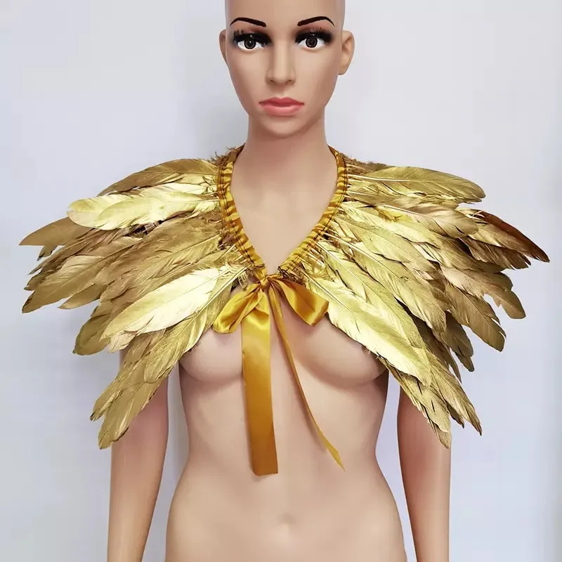 Victorian Cosplay Goth Feather Shrug Cape Shawl - Gold ((SECONDS))