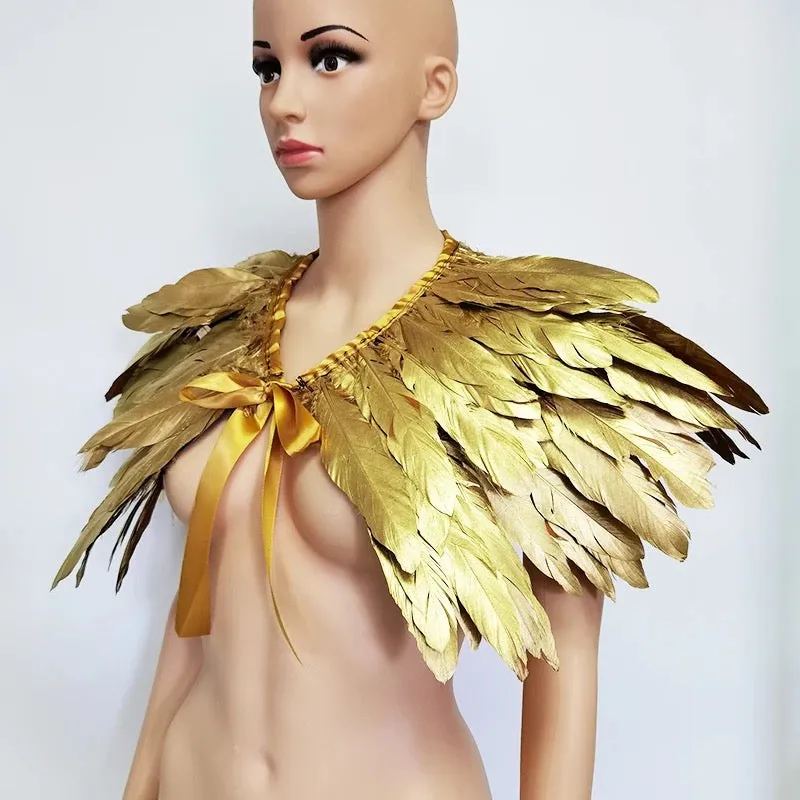 Victorian Cosplay Goth Feather Shrug Cape Shawl - Gold ((SECONDS))