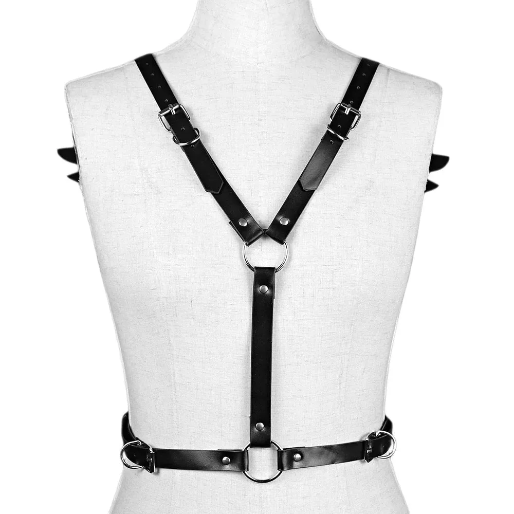 Victorian Cosplay Goth PU Leather Angel Wings Body Harness - Black (Style 9)