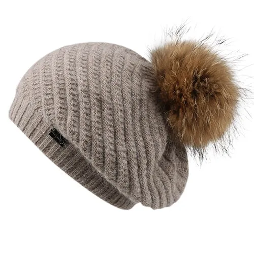 Winter Angola Rabbit Fur Pom Pom Casual Warm Knitted Winter Beret