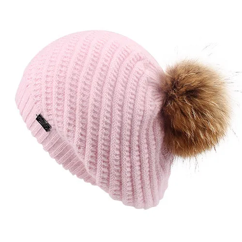 Winter Angola Rabbit Fur Pom Pom Casual Warm Knitted Winter Beret