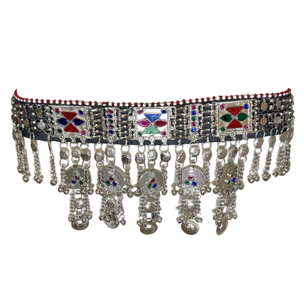 Womens Tribal Afghan Handmade Waistband Hip Belt with Coins Bells Multicolor Acrylic Glass Beads - Belly Dancing Party Beach Bohemian - Duel On Jewel