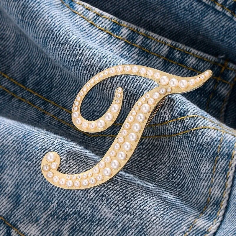 Wondrous Pearl Embedded Personalized A-Z Initial Letter Brooch Pins