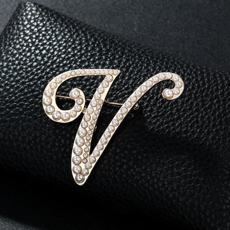 Wondrous Pearl Embedded Personalized A-Z Initial Letter Brooch Pins