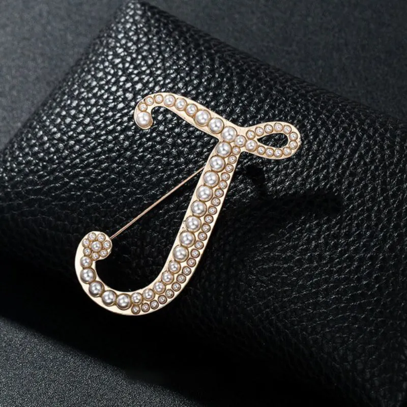 Wondrous Pearl Embedded Personalized A-Z Initial Letter Brooch Pins