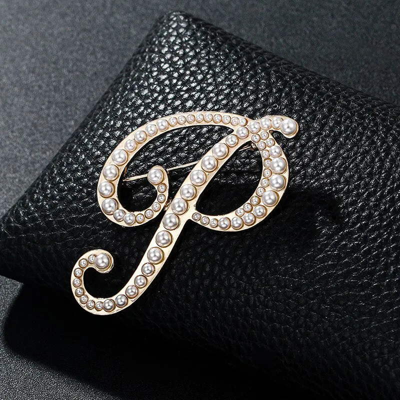 Wondrous Pearl Embedded Personalized A-Z Initial Letter Brooch Pins