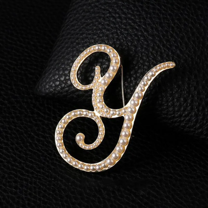 Wondrous Pearl Embedded Personalized A-Z Initial Letter Brooch Pins