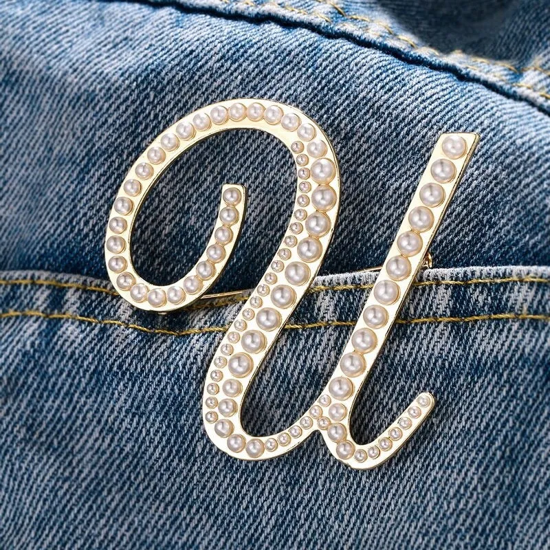 Wondrous Pearl Embedded Personalized A-Z Initial Letter Brooch Pins